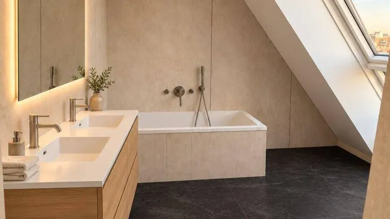 Modernes Badezimmer im Dachgeschoss mit Doppelwaschbecken, Badewanne und großem Dachfenster.