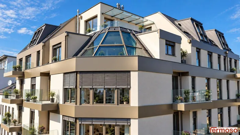 Modernes Apartmentgebäude mit vielen Balkonen und einer markanten Glasdachkonstruktion unter blauem Himmel.