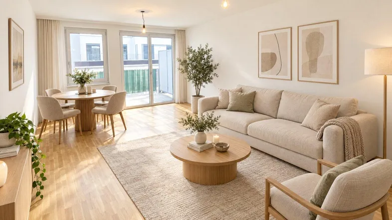 Helles, modern eingerichtetes Wohn-Esszimmer mit Holzboden und Zugang zu einem Balkon.