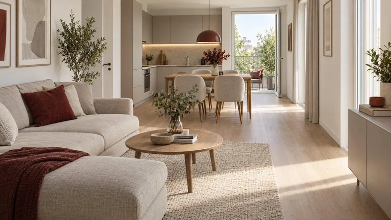 Heller, offener Wohn- und Essbereich mit moderner Küche und Zugang zum Balkon.