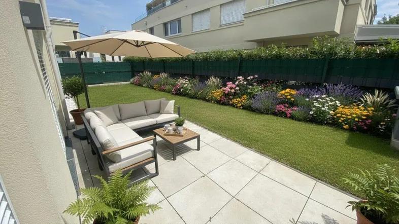 Großzügige Terrasse mit bequemen Gartenmöbeln und gepflegtem Rasen, umgeben von blühenden Pflanzen.
