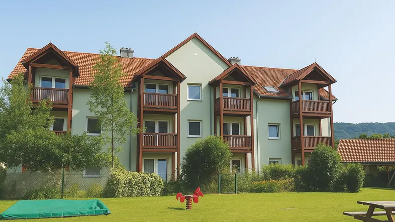 Mehrfamilienhaus mit hellgrüner Fassade, Holz-Balkonen und einem Spielplatz im Vordergrund.