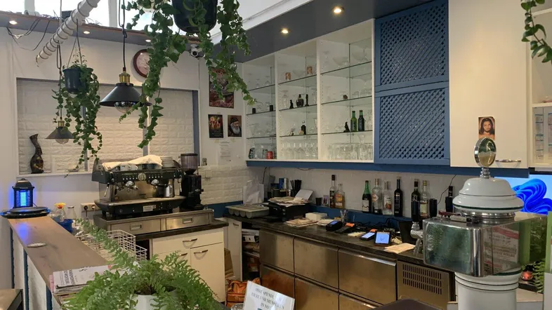 Barbereich mit Espressomaschine, Regalen für Flaschen und Gläser sowie Hängepflanzen.