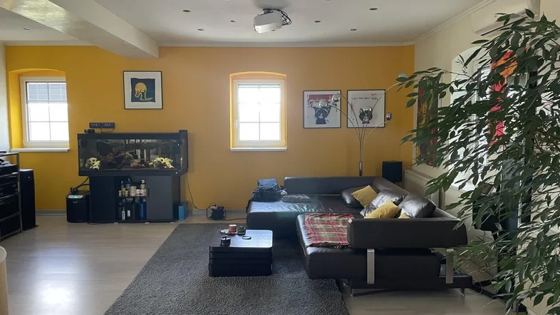 Geräumiges Wohnzimmer mit gelben Akzentwänden, dunklem Ledersofa und einem Aquarium als Blickfang.