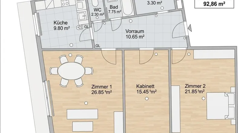 Grundriss der Wohnung mit drei Zimmern, Küche, Bad und separatem WC auf 92,86 m².