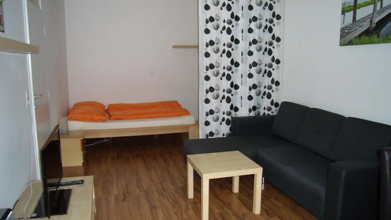 Gemütlicher Wohnbereich mit Schlafgelegenheit, Holzboden und einem Sofa, ideal für ein Studio-Apartment.