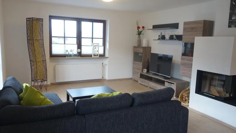 Gemütliches Wohnzimmer mit modernem Sofa, Kamin und Blick ins Grüne durch das Fenster.