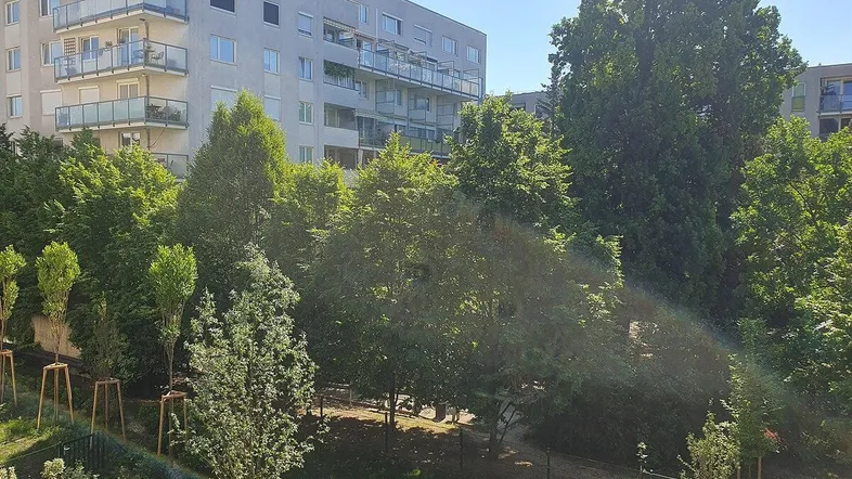 Moderne Wohngebäude mit Balkonen, umgeben von üppigem Grün und einem kleinen Gartenbereich.
