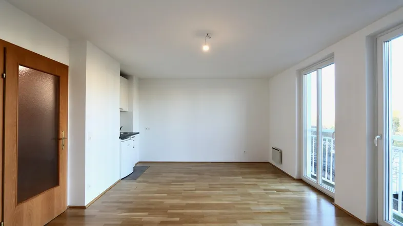 Helles Wohnzimmer mit Parkettboden und Zugang zu einem Balkon, ideal für ein Studio-Apartment.