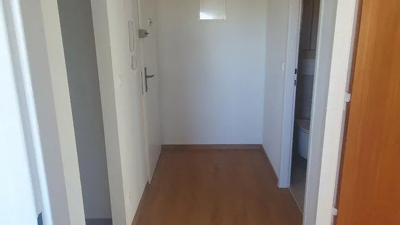 Heller Flur mit Holzboden und mehreren Türen, der verschiedene Räume verbindet.