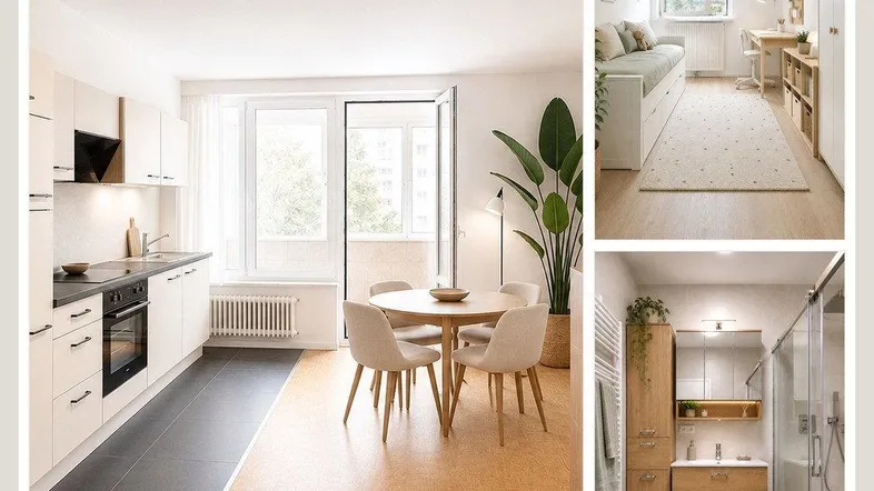 Collage zeigt eine moderne Wohnküche, ein helles Schlafzimmer/Büro und ein Badezimmer mit Dusche.