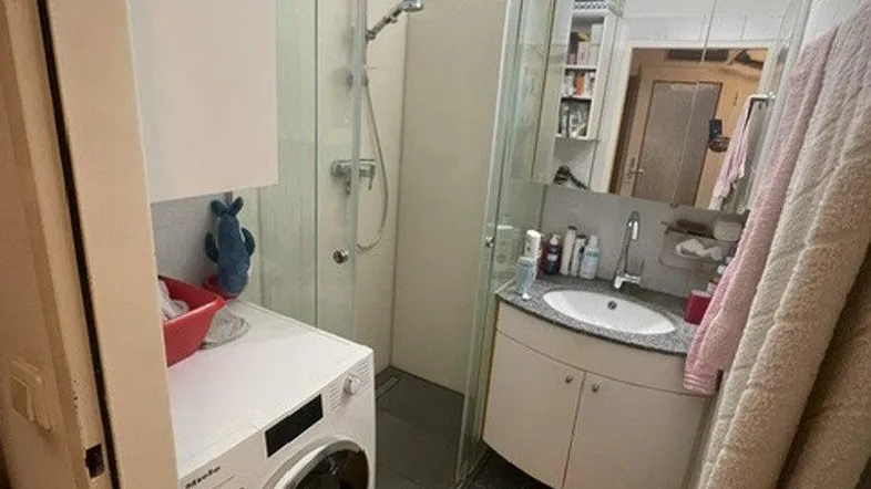 Kleines Badezimmer mit Duschkabine, Waschbecken, Spiegelschrank und integrierter Waschmaschine.