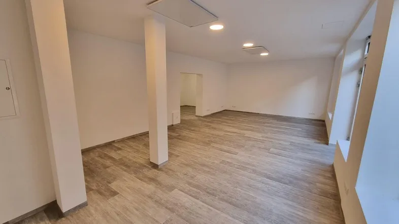 Geräumiger, leerer Geschäftsraum mit hellem Laminatboden und moderner Deckenbeleuchtung.
