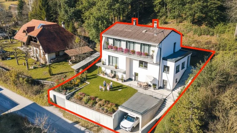Luftaufnahme des modernen Hauses mit Garten, Garage und umliegender grüner Landschaft.