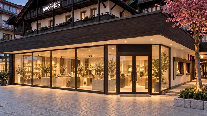 Eindrucksvolle Fassade eines Geschäftsgebäudes mit großer Glasfront und traditionellen Holzbalkonen in den oberen Etagen.