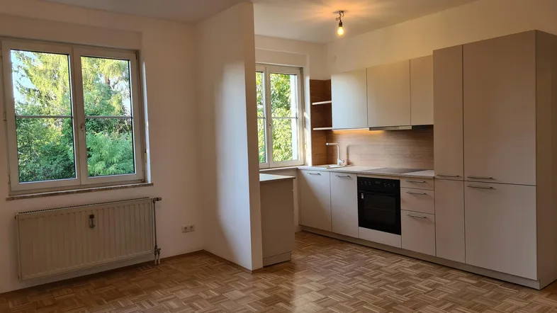 Helles Zimmer mit Parkettboden, integrierter Küchenzeile und Blick ins Grüne.