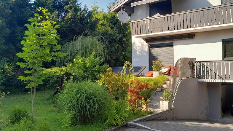 Gepflegter Gartenbereich mit üppiger Vegetation und Zugang zu einer oberen Terrasse am Haus.