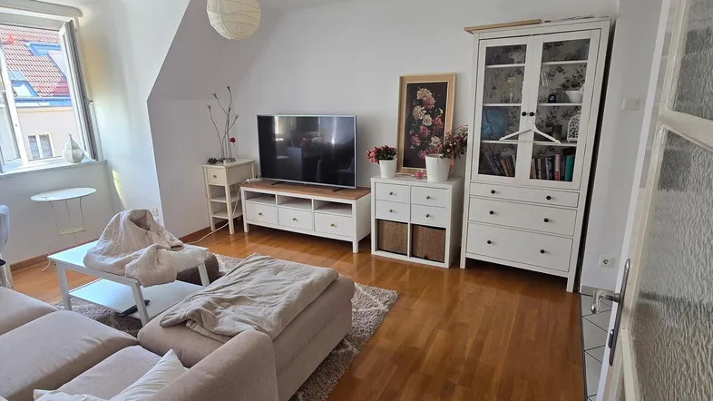 Helles Wohnzimmer mit Parkettboden, gemütlichem Sofa und Dachschrägenfenster, bietet viel natürliches Licht.