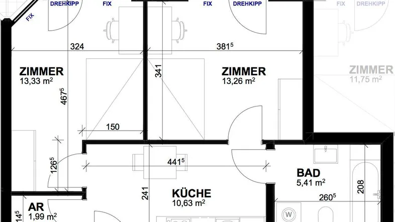 Detaillierter Grundrissplan einer Wohnung mit Zimmern, Küche, Bad und Abstellraum.