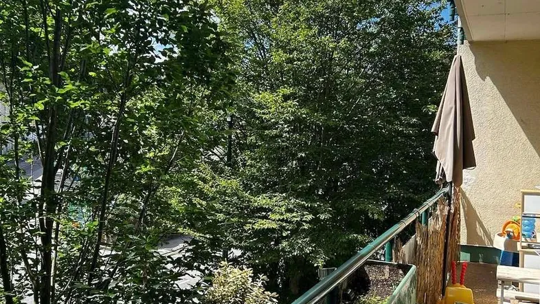 Balkon mit Kunstrasen, Pflanzenkästen und Blick ins Grüne, ideal zum Entspannen im Freien.