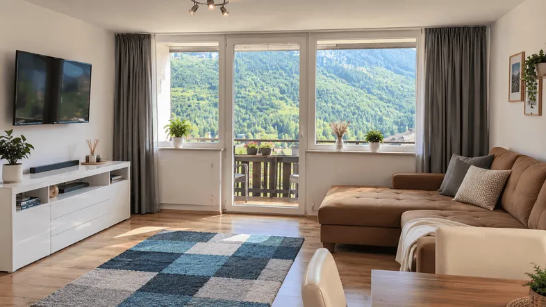 Helles Wohnzimmer mit beigem Sofa, Holzboden und großem Balkonzugang mit Bergblick.