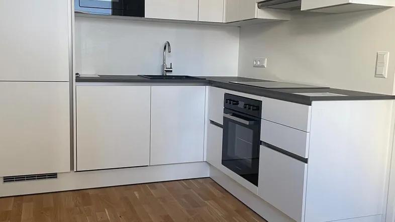 Moderne Einbauküche mit weißen Schränken, dunkler Arbeitsplatte und integrierten Geräten.