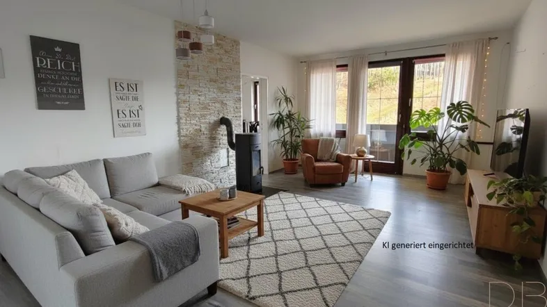 Helles Wohnzimmer mit modernem Kaminofen, Laminatboden und Zugang zum Balkon mit grüner Aussicht.
