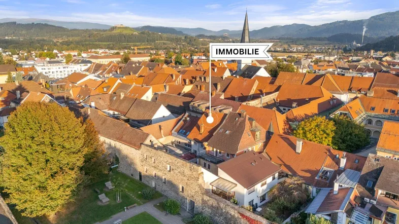 Luftaufnahme der Stadt mit Blick auf die Dächer und die umliegende Landschaft, die Immobilie ist markiert.
