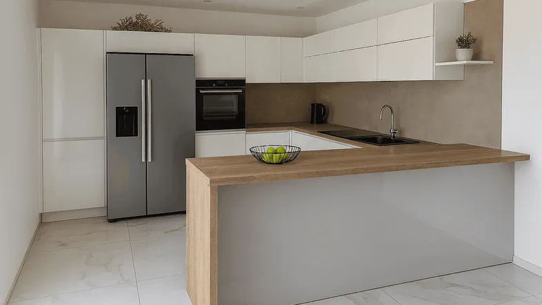 Moderne Küche mit weiß-grauen Fronten, Holztheke und integrierten Geräten, ideal für kulinarische Aktivitäten.