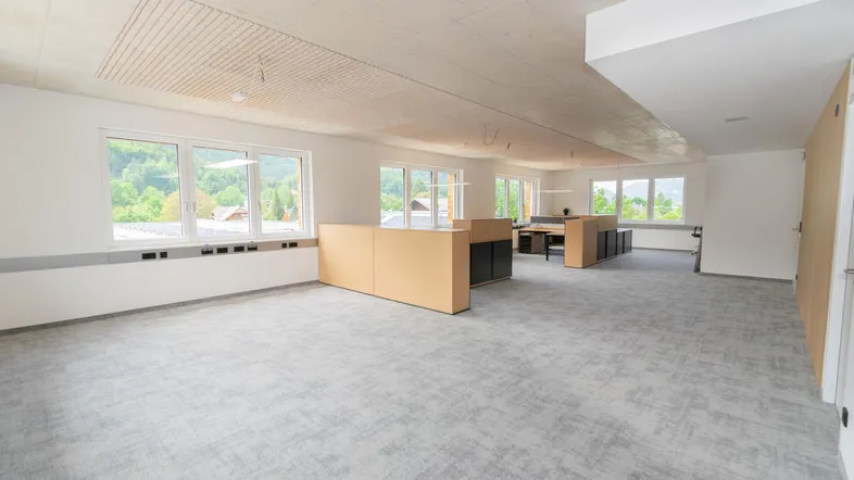Geräumiges, helles Büro mit Teppichboden und großen Fenstern, die einen grünen Ausblick auf die Berge bieten.