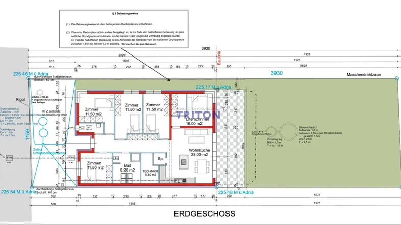 Grundriss des Erdgeschosses mit mehreren Zimmern, Bad und Wohnküche, sowie Zugang zum Gartenbereich.