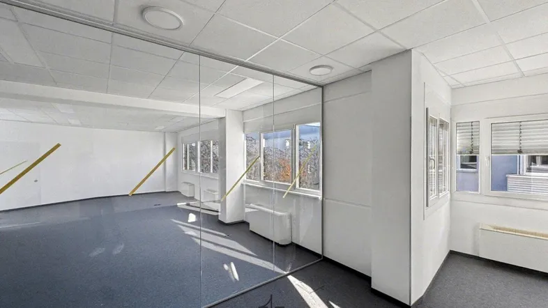 Geräumiges Büro mit Teppichboden, großen Fenstern und modernen Glaswänden für eine helle Arbeitsumgebung.