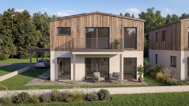 Visualisierung eines modernen Einfamilienhauses mit Holzfassade, Terrasse und Carport in grüner Umgebung.
