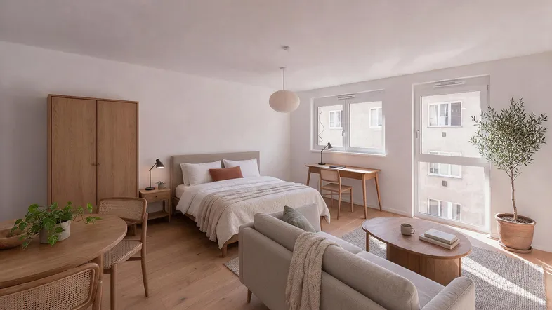 Helles und modern eingerichtetes Studio-Apartment mit Schlafbereich, Wohnbereich und Esstisch.