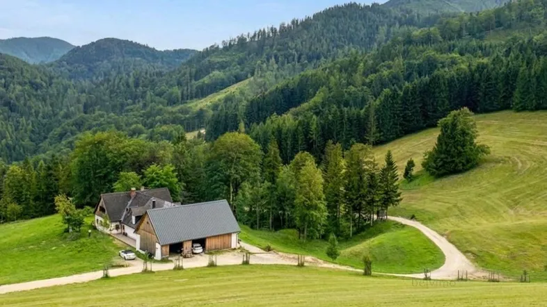 Idyllisches Anwesen mit traditionellem Haus und Scheune, eingebettet in eine malerische Berglandschaft mit weiten Wiesen und Wäldern.