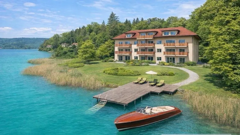 Dieses Bild zeigt ein modernes Gebäude am Seeufer mit privatem Bootssteg und einem Boot im klaren Wasser.