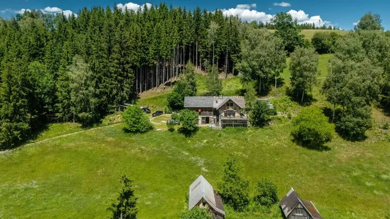 Luftaufnahme eines charmanten Hauses inmitten grüner Hügel und umgeben von dichtem Wald.
