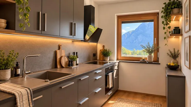 Moderne Küche mit dunklen Schränken, Holzelementen und einem Fenster mit Bergblick.