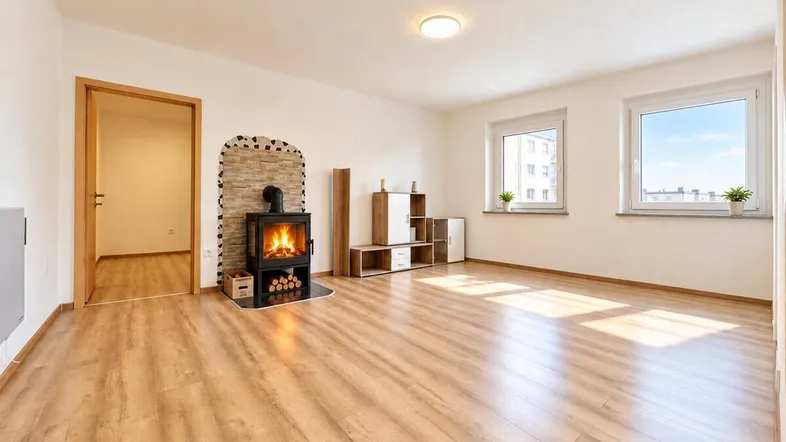 Helles Wohnzimmer mit modernem Holzofen, Laminatboden und Blick auf die Umgebung.
