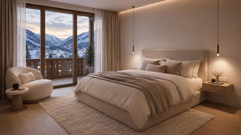 Modernes Schlafzimmer mit großem Bett, Holzboden und Balkonzugang mit Bergblick.