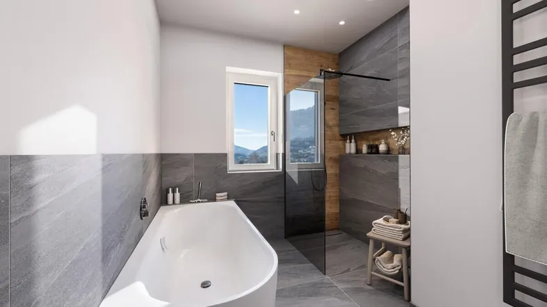 Modernes Badezimmer mit freistehender Badewanne, begehbarer Dusche und Fenster mit Bergblick.