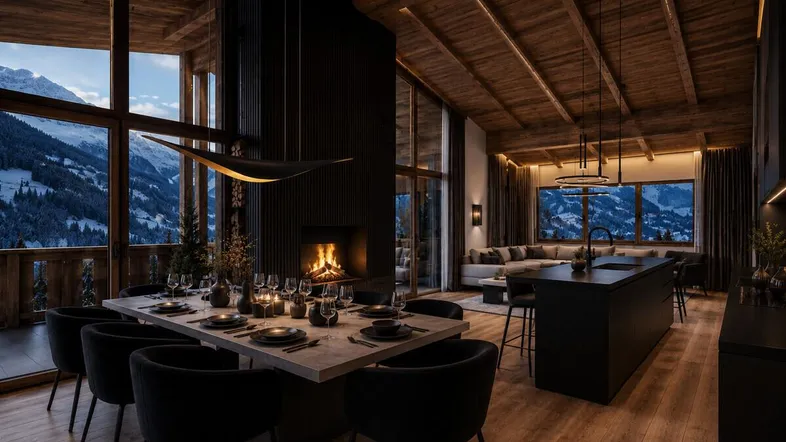 Geräumiger Wohn- und Essbereich mit offener Küche, Kamin und atemberaubendem Bergblick.