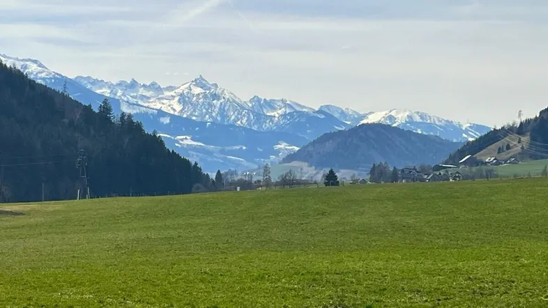 Panoramablick über weite grüne Felder mit einer majestätischen, schneebedeckten Bergkette im Hintergrund.