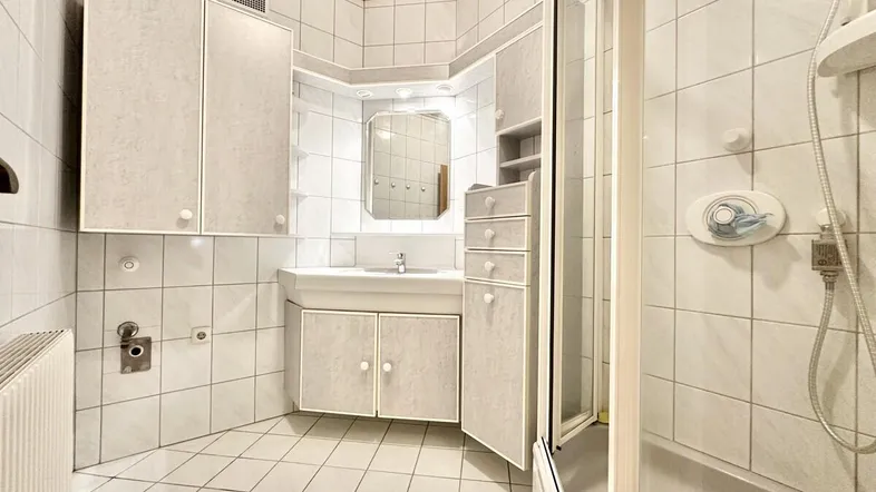 Gefliestes Badezimmer mit Dusche, Einzelwaschbecken und Spiegelschrank.