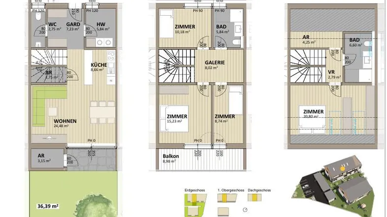 Grundrisspläne für Erdgeschoss, Obergeschoss und Dachgeschoss eines Reihenhauses.