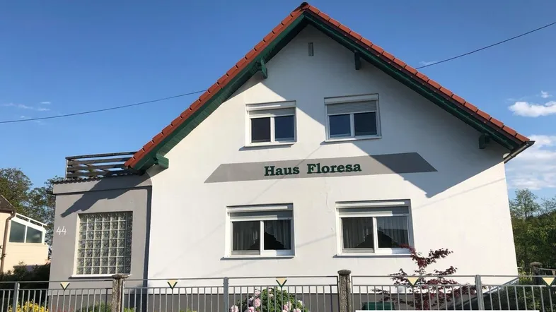 Vorderansicht des Hauses mit weißer Fassade, Satteldach und einem blühenden Rosenbusch im Vorgarten.