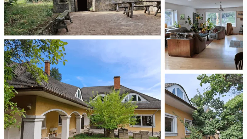 Collage zeigt Außenbereich mit Steinkeller und Sitzgelegenheiten sowie ein helles Wohnzimmer.