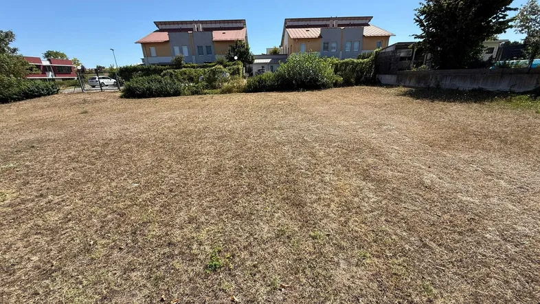 Großes Grundstück mit trockenem Gras und modernen Wohnhäusern im Hintergrund unter blauem Himmel.