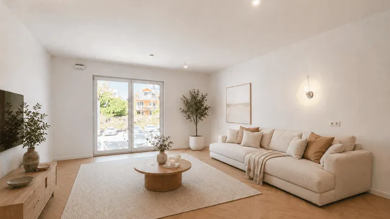 Helles Wohnzimmer mit modernem Sofa, Holzboden und Zugang zur Terrasse.