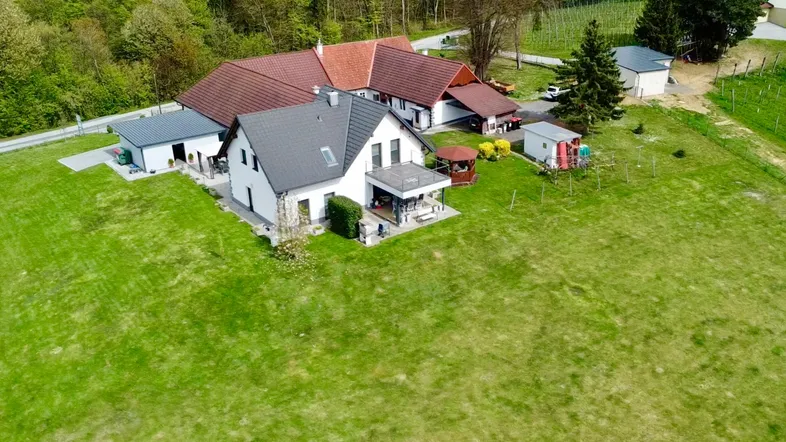 Luftaufnahme eines Wohnhauses mit großem Grundstück, umgeben von viel Grün und Weinbergen.